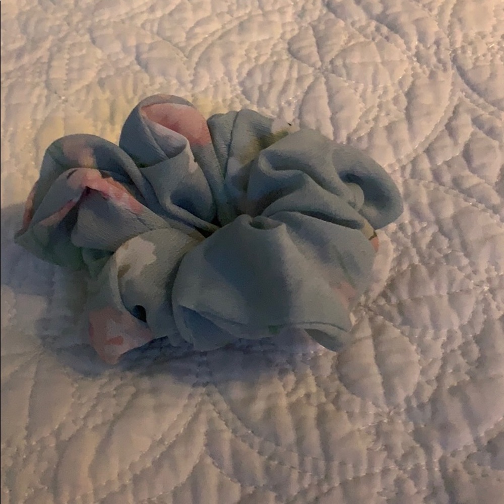 Flower print with light blue background scrunchie